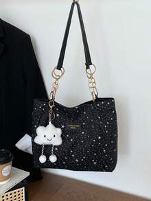 1pc Cloud Decor Star Pattern Polyester Large Capacity Zipper Shoulder Bag, Fashionable For Women Daily Use - Black - View 8
