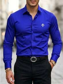 Men's Spring/Autumn Casual Business Party Daily Commute Iris Logo Print Long Sleeve Shirt - Royal Blue - View 5