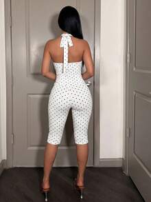 AIJ Women's Elegant Polka Dot Print Halter Neck Backless 2 Pieces Set, Elastic Slim Fit Casual Sexy Outfit, Suitable For Daily Wear, Commuting, Outings, Holiday Matching, Random Print - White Background With Black Dots - View 2
