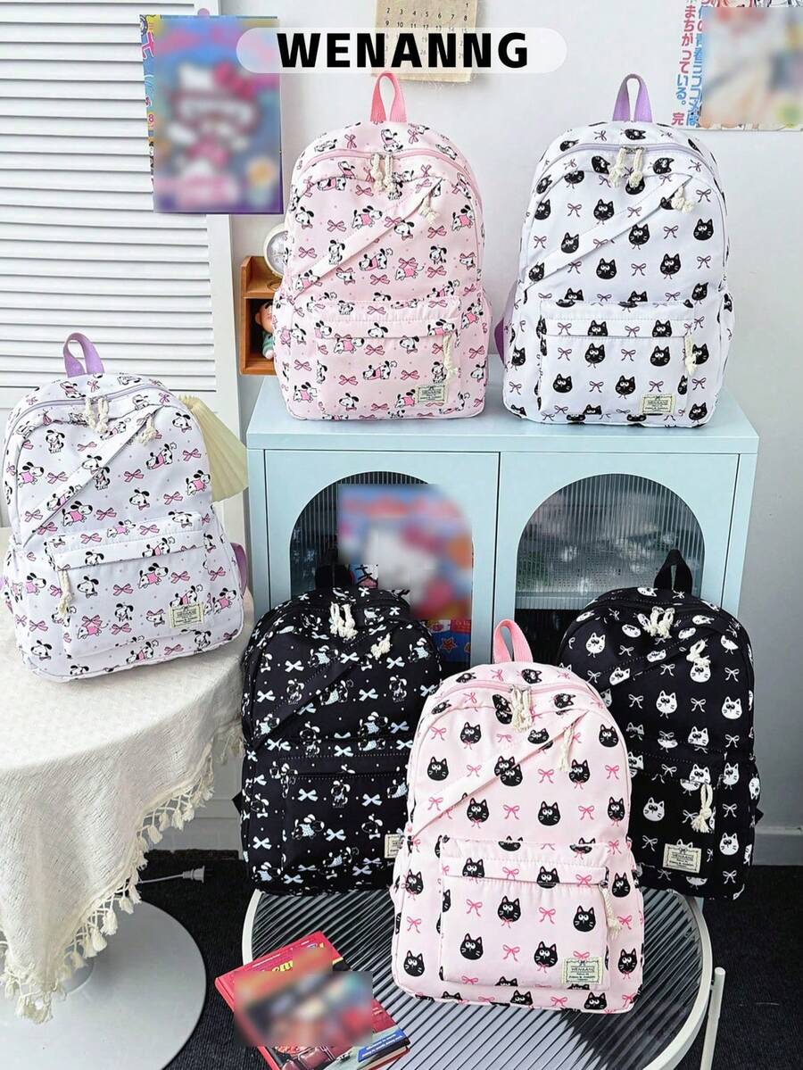 1pc Cute School Style Cat/Dog/Bow Print Nylon Backpack, Lightweight Large Capacity School Day Bag, Adjustable Shoulder Strap Bookbag, Suitable For Girls/Teens/Students/Graduates, Ideal For Daily Use, Outings, Travel, School And Back To School Season. - Multicolor - View 1