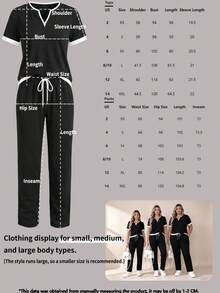 Women's Spring/Summer Casual Matching Contrast Color V-Neck Short Sleeve Top And High Waist Drawstring Straight Leg Pants 2-Piece Set Black Elegant - Black - View 8