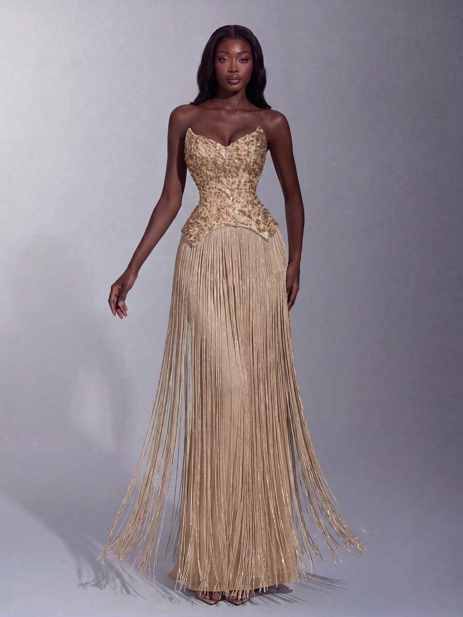 Elegant Heart-Neckline Tassel Evening Gown, Sequin Fitted Bodice, Slim Fit Wedding Party Fall - Champagne - View 1