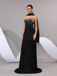 Black Strapless Pearl Decorated Evening Gown With Shawl, Suitable For Prom, Bridesmaid And Evening Party - Black - View 5
