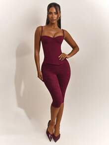 Women Floral Lace Capri Leggings, High Waist Sheer Pattern Cropped 3/4 Length Pants For Loungewear Daily Casual Outfit - Burgundy - View 2