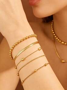 VceTd 5PCS/1PC French Gentle Style Multi-Chain Combination Stainless Steel Women's Bracelet Set, Suitable For Daily Commute Wear Or Best Friend Gathering Wear Or Holiday Gift For Girlfriend - Yellow Gold - View 3