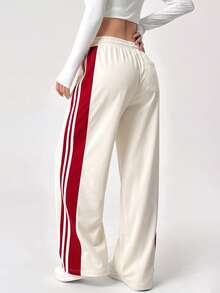 KyrLssu Simple Multi Stripe Casual Wide Leg Bottoms, Elastic Drawstring Waist Long Pants For Multi-Style Daily Matching - Beige - View 4