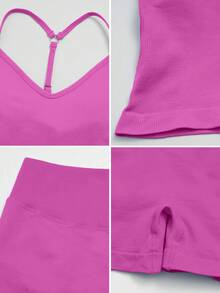 NcmRyu Conjunto deportivo de mujer de un solo color con espalda en Y, hebilla de metal ajustable, tirantes finos, shorts de cintura alta acanalados - Rojo violeta - Ver 4