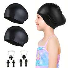 Gorro de natación (2 piezas), Gorro de natación unisex para cabello largo--Gorro de natación de silicona, Adecuado para cabello largo, Adecuado para niños y adolescentes de 5-15 años, Gorro de natación impermeable y duradero, Gorro de baño impermeable con protección para los oídos, Mantiene el cabello seco - Multicolor - Ver 17