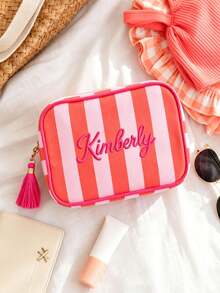 1pc Personalized Embroidered Makeup Bag, Customized Name Striped Cosmetic Bag, Bridesmaid Gift, Travel Toiletry Bag, Customized Jewelry Storage Bag, Valentine's Day Gift, Christmas Gift - Multicolor - View 7