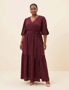 FASHION MIX PREMIUM Elegant Long Dress With Slit And Ruffle On The Hem 3/4 Puff Sleeves With V-Neckline And Tie At The Waist Women's Plus Size - 紅木色 - 查看 1