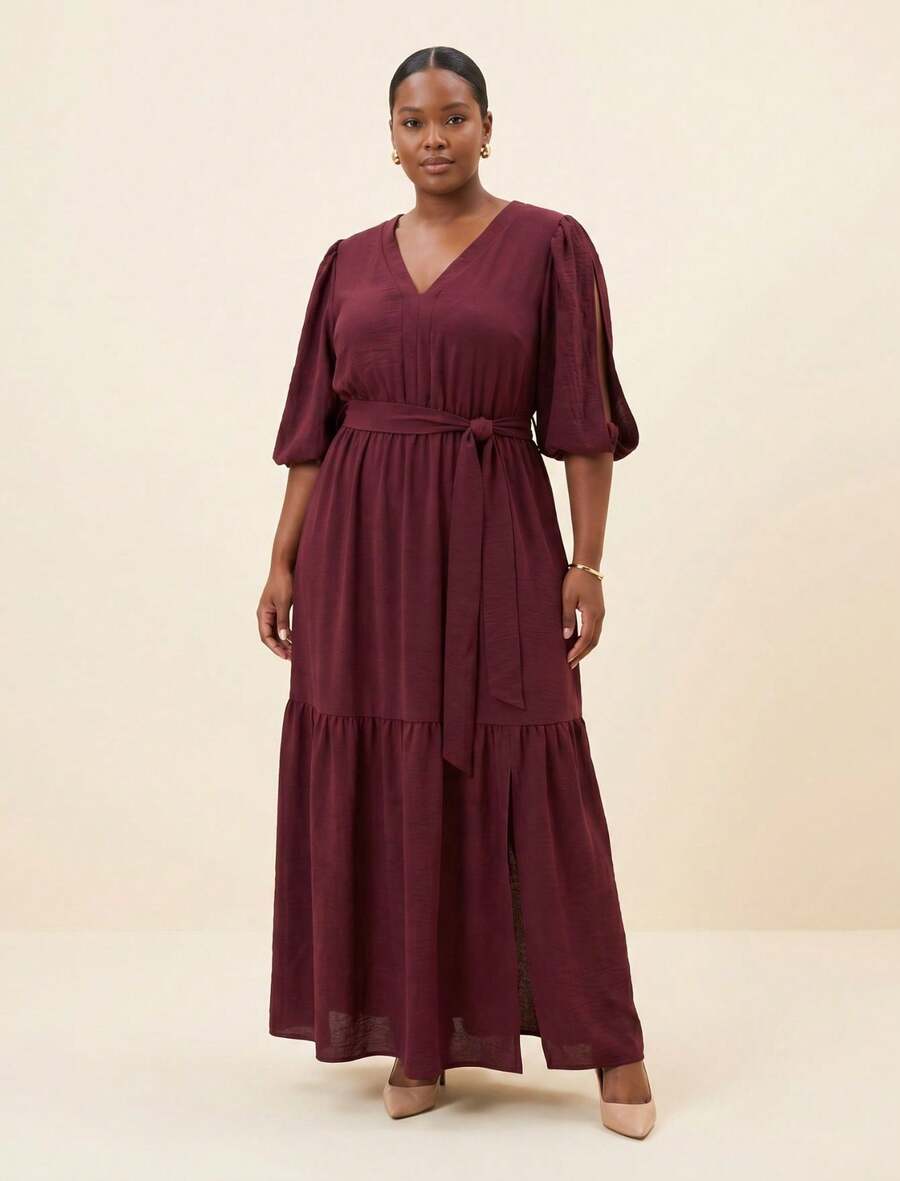 FASHION MIX PREMIUM Elegant Long Dress With Slit And Ruffle On The Hem 3/4 Puff Sleeves With V-Neckline And Tie At The Waist Women's Plus Size - 紅木色 - 查看 1