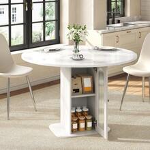 Round Bar Table With Storage For 2 To 4 People, Small Marble-Effect Dining Table, Kitchen Table With Door And Fluted Glass Shelf, 80 X 80 X 75 Cm, White - White - View 3