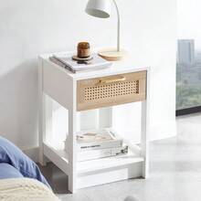 Rattan Side Table With Drawer, Modern Bedside Table, Side Table For Living Room, Bedroom, Natural Wood Look - H55/W40/D40 Cm - 白色 - 查看 12