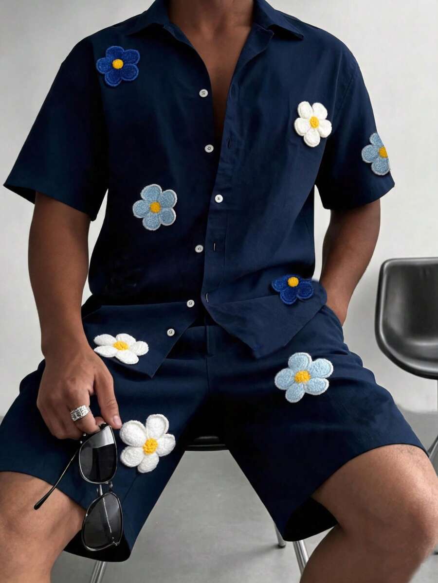 Men's Summer Beach Casual Fashion Set, Colorful Floral Summer Set, Simple Versatile Style - Navy Blue - View 1