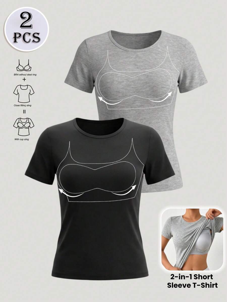 2-Pack Solid Round Neck Basic 2-In-1 Short Sleeve T-Shirt With Built-In Bra, Workout Top For Gym & Casual Wear Sports - Multicolor - View 1