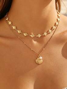 1 Set Elegant Personalized Bohemian Ocean Style Women's Necklace Set, Multi-Layer Stackable Adjustable Chain, Faux Pearl Shell Pendant Necklace, Suitable For Summer Travel Beach Vacation, Commemorative Gift For Friends, Family, Couples, Women, Jewelry Accessories - Gold 2 - View 2