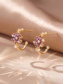 1 Pair Gentle Vintage Style Gold & Silver Dual-Tone Rhinestone Gradient Purple Crystal Flower C-Shaped Stud Earrings, Suitable For Women's Daily, Date And Commute Wear - Type C - View 5