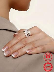 1pc S925 Sterling Silver Ring, Multi-Layer Cross Fashion Design Inlaid With Synthetic Cubic Zirconia, Suitable For Daily Wear And Gifting, Comes With Gift Box - Silver - View 8