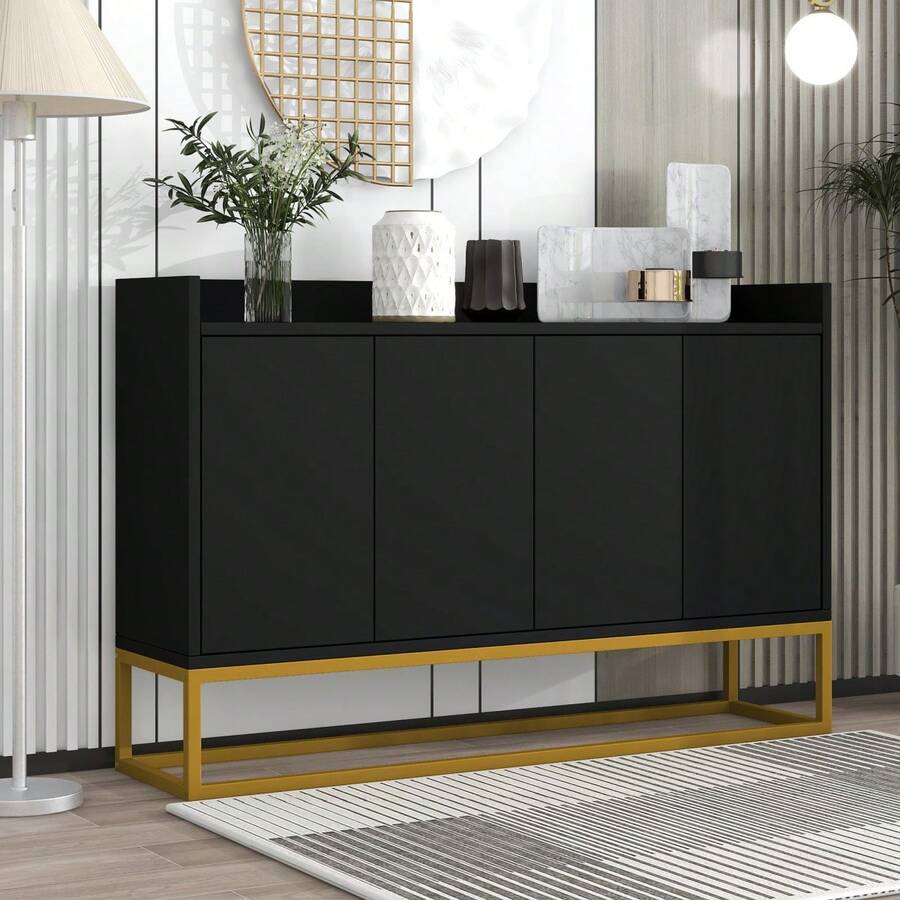 Storage Cabinet In A Modern, Minimalist Style/High-Quality MDF Panels, Storage Cabinet With Steel Tube Frame/4 Handleless Doors, Adjustable To Three Heights/Suitable For Dining Room, Living Room And Kitchen - Black - View 1