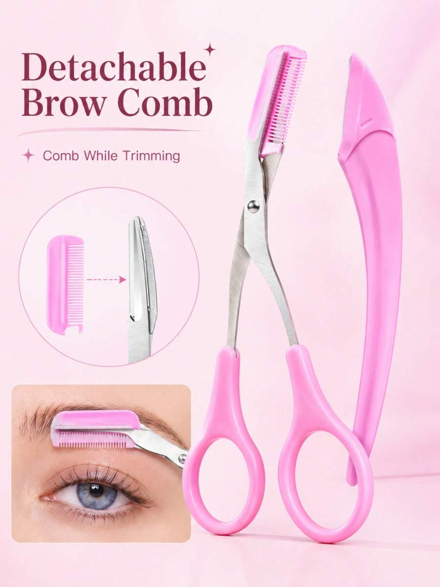 ROCK SWEET Heart-Shaped Eyebrow Comb Grooming Set, Dual-Head Eyebrow Trimming Scissors And Comb, Eyebrow Grooming, Beginner Tools - Hot Pink - View 1