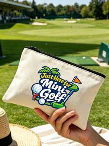 Golf Ball Theme Printed Sports Pouch, "Just Here For Mini Golf" Letter Print Storage Bag, Portable Makeup Bag, Toiletry Storage Bag, Golf Ball Essential Cartoon Print Storage Bag, Portable Makeup Bag, Fun Letter And Golf Theme Pattern, Large Capacity Storage Bag, Golf Tool Storage Bag, Suitable For Golf Course, Driving Range, Country Club - Multicolor - View 1