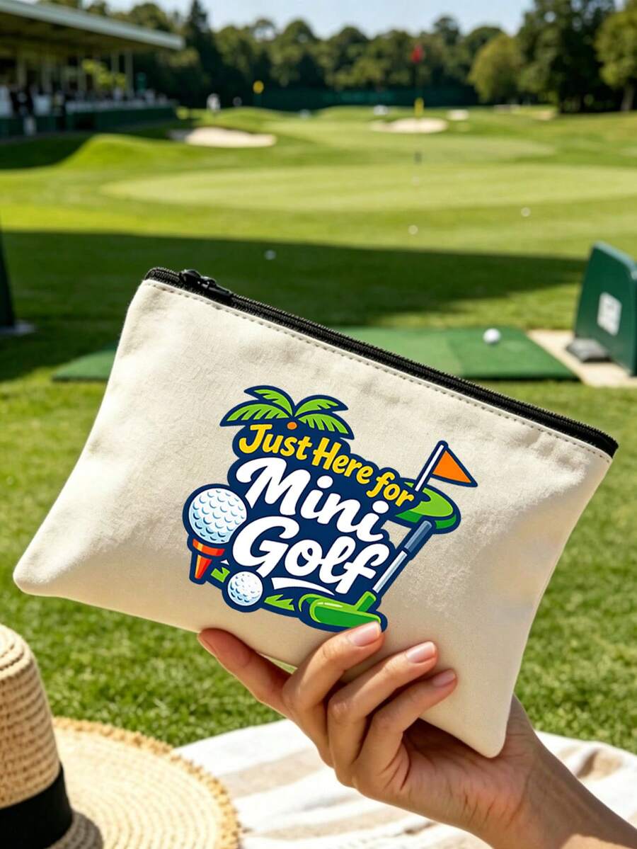 Golf Ball Theme Printed Sports Pouch, "Just Here For Mini Golf" Letter Print Storage Bag, Portable Makeup Bag, Toiletry Storage Bag, Golf Ball Essential Cartoon Print Storage Bag, Portable Makeup Bag, Fun Letter And Golf Theme Pattern, Large Capacity Storage Bag, Golf Tool Storage Bag, Suitable For Golf Course, Driving Range, Country Club - Multicolor - View 1