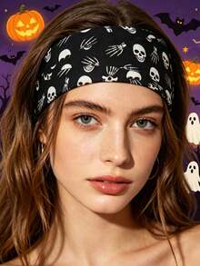 3er Set Halloween Skelett Geist Hand Haarreif, europäischer und amerikanischer Stil, sportliches elastisches Haaraccessoire, lustiges Kürbis Haargummi - A - Übersicht 8