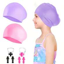 Gorro de natación (2 piezas), Gorro de natación unisex para cabello largo--Gorro de natación de silicona, Adecuado para cabello largo, Adecuado para niños y adolescentes de 5-15 años, Gorro de natación impermeable y duradero, Gorro de baño impermeable con protección para los oídos, Mantiene el cabello seco - Multicolor - Ver 24