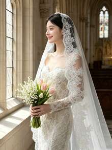 2026 Long Lace Veil, 1 Piece With 3-Meter Eyelash Lace Train, Built-In Metal Hair Comb, Suitable For Church And Cathedral Weddings, Bohemian Style. - Beige - View 10