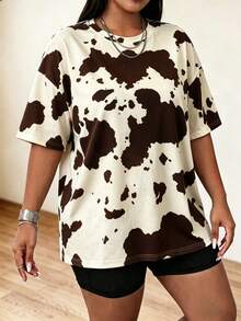 Speed mate Women's Plus Size Summer Vintage 80s Y2K Casual Vacation Street Style Beige Cow Print Drop Shoulder Loose Short Sleeve Crew Neck T-Shirt Sports Black - Black - View 2