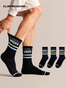 CLIMPRESSION Men's Pure Cotton Mid-Calf Socks, Classic Letter NEST Print, Red & Grey Striped Cuff, Breathable Preppy Casual Socks - White - View 15