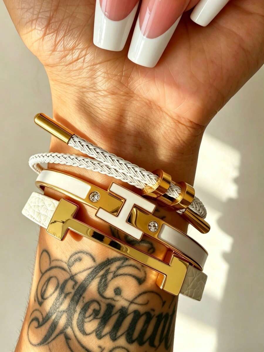 3件裝時尚精緻金色字母PU個性化優雅女款手鍊手鐲，送女友的珠寶禮物