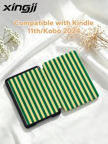 1件黃綠對比色小黃瓜色條紋/格紋電子書保護殼，適用於Kindle Youth Edition/Kindle NK 11/Paperwhite 5，(A16) 11吋第11代2025配件，相容iPad 10.2吋第10代保護殼，具備自動喚醒/睡眠功能，輕巧便攜，完美貼合保護您的平板/閱讀裝置 - 彩色 - 查看 5