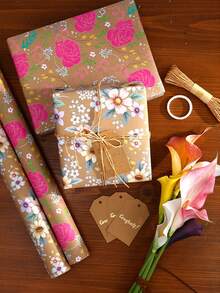1 Gulungan Kertas Pembungkus Kado Motif Bunga Lukis Tangan (Gaya Alami), Gulungan Kertas Kraft Motif Bunga, Ukuran 43cm x 3m; Kertas Pembungkus Ukuran Besar, Cocok untuk Kado, Buket, dan Kemasan Kerajinan DIY, Sempurna untuk Pernikahan, Ulang Tahun, Liburan, Pesta, dan Berbagai Acara Lainnya - beraneka warna - View 1