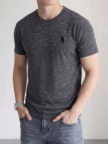 Summer Vintage Washed Short Sleeve Printed T-Shirt Basic Style With Small Horse Logo - Dark Grey - View 2