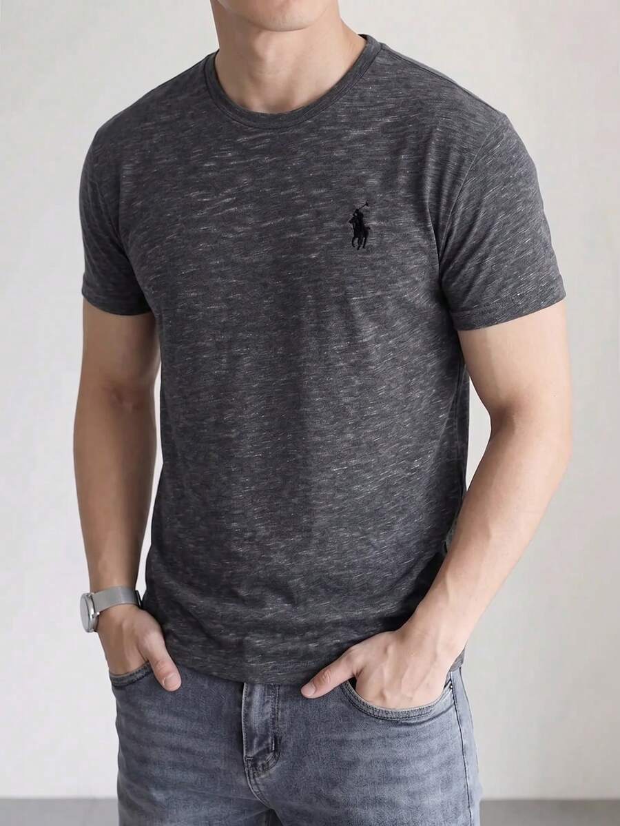 Summer Vintage Washed Short Sleeve Printed T-Shirt Basic Style With Small Horse Logo