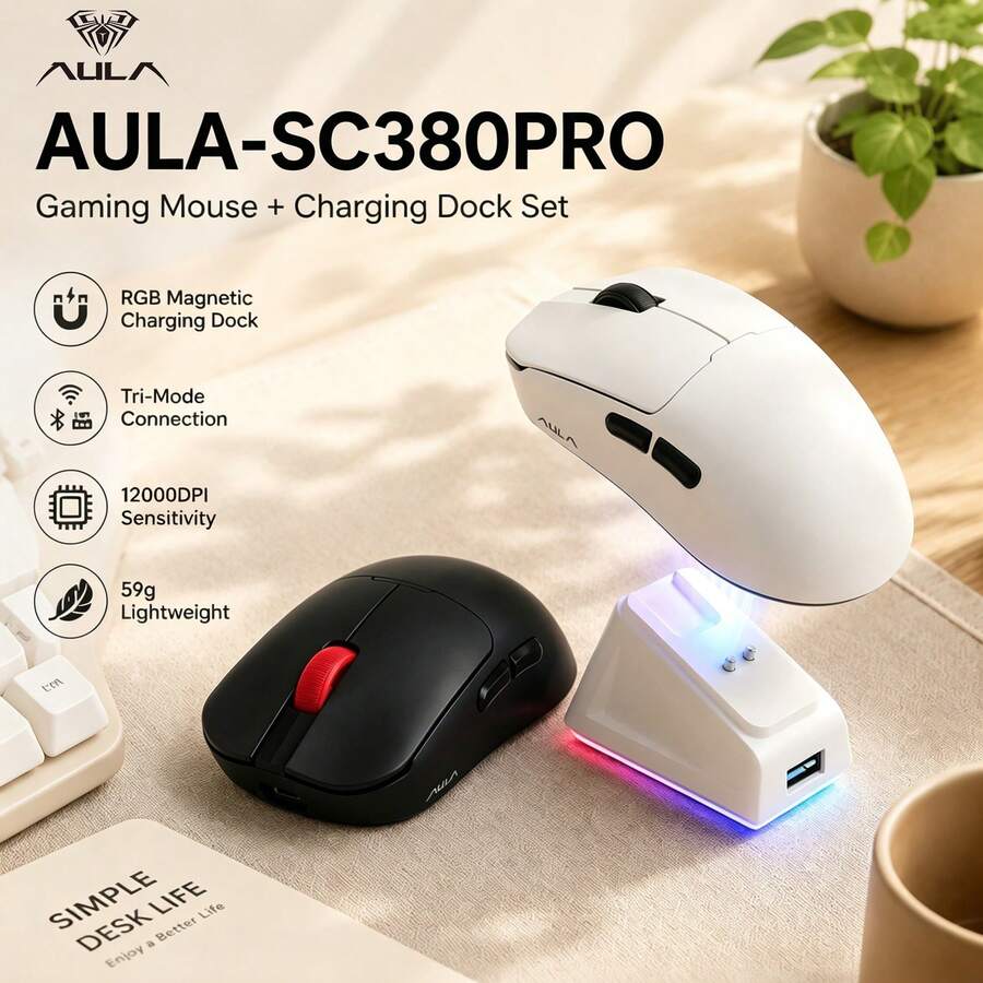 AULA SC380 Pro Gaming Mouse, Wireless & Bluetooth, Lightweight Design, Triple-Mode Connection, RGB Magnetic Charging Dock Bundle, 12000 DPI, Ergonomic Grip, Ideal For Gaming, Home And Office Use, Multi-Device Compatible, Long Battery Life