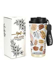 1pc/5pcs 500ml Positive Quote Insulated Car Cup, Stainless Steel Material, Heat & Cold Retention, Flip Lid Design, Portable Lanyard, Suitable For Office, Travel, Study, Self-Love Gift, Holiday & Birthday Gift - White-brown Lettering - View 11