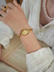 LSVTR 1pc Women's French Vintage Floral Chain Bracelet Watch, Gold Leaf-Shaped Dial Quartz Watch, Elegant Jewelry Wristwatch, Suitable For Daily Wear And Gift - Gold - View 10