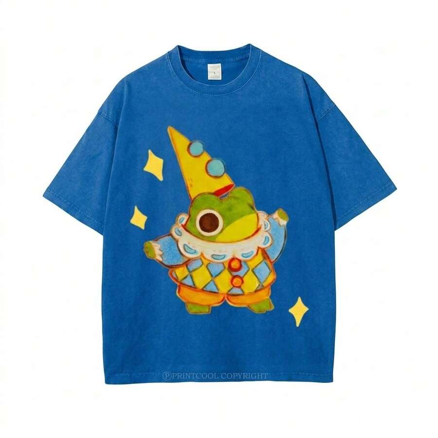 Summer Tops 100% Cotton, Funny Clown Frog Print T-Shirt, Suitable For Daily Wear, A Must-Have For The Beach, Cute Cartoon Pattern, Unisex, Perfect Gif - 皇家 - 查看 1