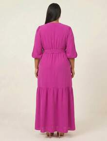 FASHION MIX PREMIUM Elegant Long Dress With Slit And Ruffle On The Hem 3/4 Puff Sleeves With V-Neckline And Tie At The Waist Women's Plus Size - 玫瑰紅 - 查看 5
