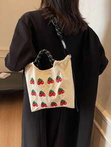 1件櫻桃刺繡裝飾尼龍防水布料大容量抽繩+扣環肩帶雙重開合日系休閒風托特包，適合學生、通勤、外出、短途旅行，女生女款手提包，可拆卸肩帶 - 彩色 - View 6