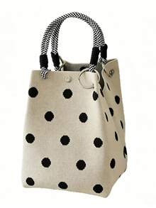 Polka Dot Pattern Canvas Bucket Bag, Woven Handle Handbag, Soft Textured Fabric With Neat Stitching, Spacious Interior For Daily Essentials, Perfect For Daily Commute, Weekend Shopping And Casual Outings, Ideal For Students, Office Women And Casual Wear Enthusiasts, Fashionable And Practical Everyday Accessory (No Tag Included) - Beige - View 4