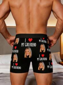 1pc Men's Black Soft Elastic Custom Printed Boxer Briefs, Casual Personalized Gift Style, Suitable For Valentine's Day - Black - View 2