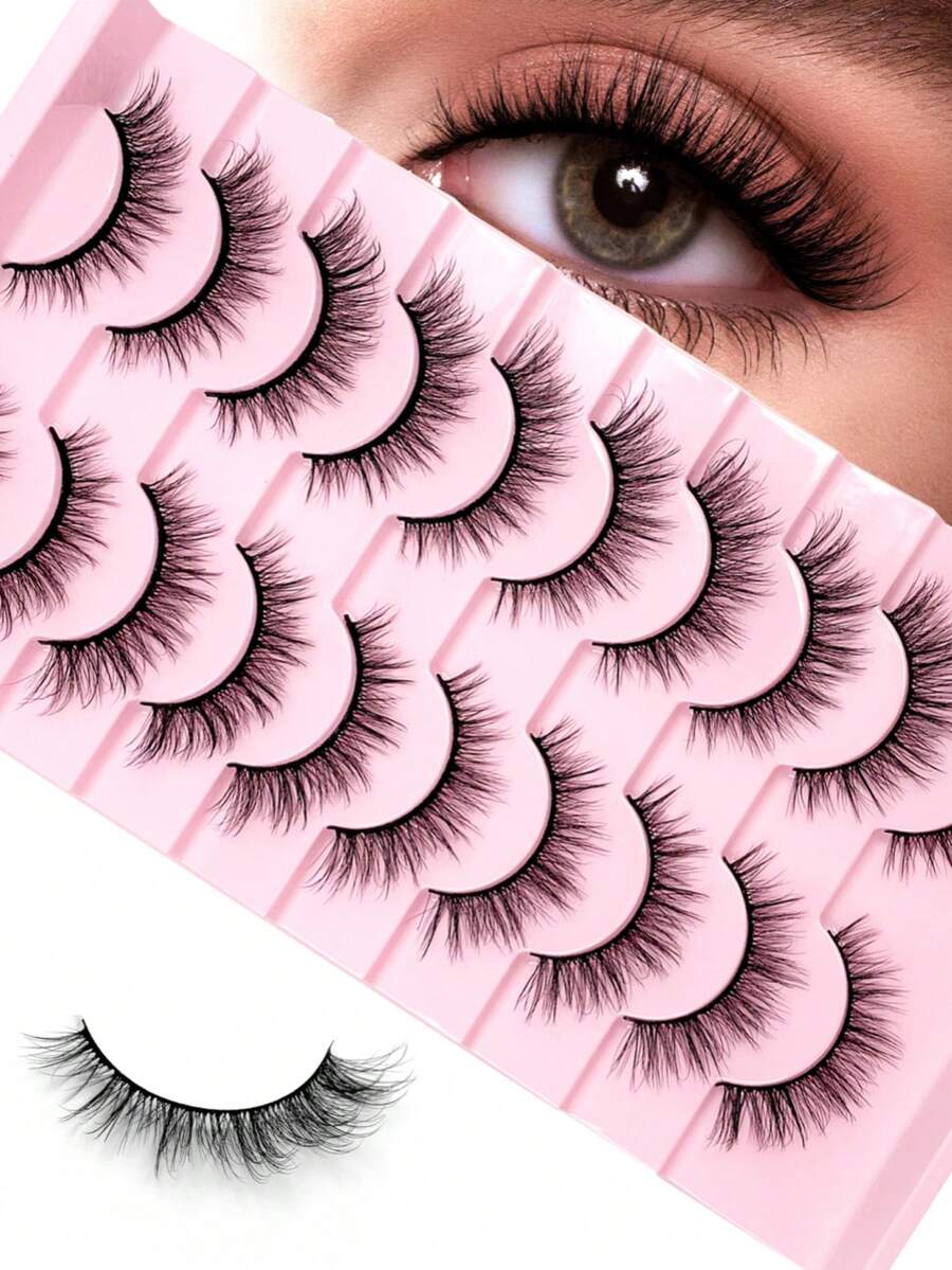 10 Pairs Cat Eye D Curl 3D Faux Mink Fluffy Black Band Reusable Lashes - Pink - View 1