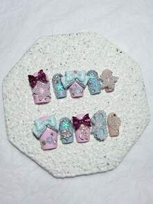 10pcs Pink & Blue Y2K Sweet Girl Style Press-On Nails With Glitter, Bow, Pearl, Star And Rhinestone Decor, Short Reusable Fake Nails For Girls, Nail Art Supplies (1 Jelly Sticker + 1 Nail File) - Multicolor - View 13