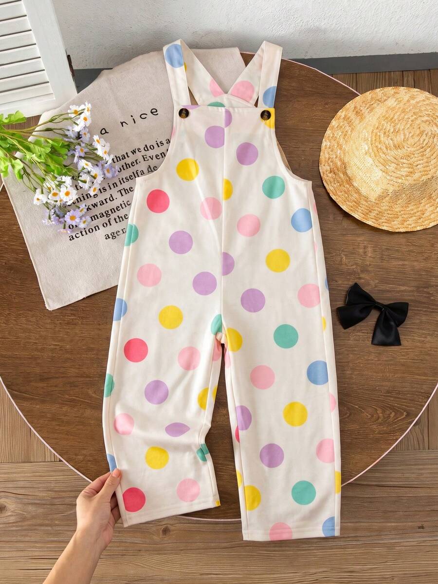 Girls' Colorful Polka Dot All-Over Print Overalls Long Pants, Casual Outdoor Dopamine Versatile Minimalist Preppy Style, Suitable For Graduation & Back To School Commute, Social Gatherings, Daily & Today's Outfit - Multicolor - View 1