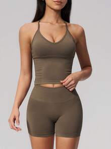 NcmRyu Conjunto deportivo de mujer de un solo color con espalda en Y, hebilla de metal ajustable, tirantes de espagueti, shorts de cintura alta acanalados - Café integral - Ver 7