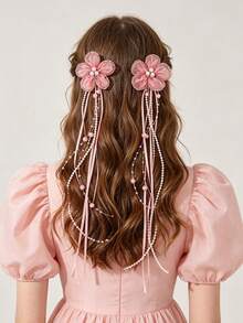 2pcs Pink Flower Hair Bows For Girls Elegant Pearls Beaded Alligator Clips Sweet Fairy Style Hairpins Flower Hair Clips Teens Hair Accessories - Pink - View 1