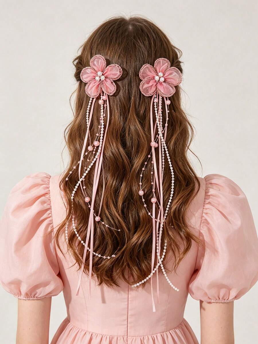 2pcs Pink Flower Hair Bows For Girls Elegant Pearls Beaded Alligator Clips Sweet Fairy Style Hairpins Flower Hair Clips Teens Hair Accessories - Pink - View 1